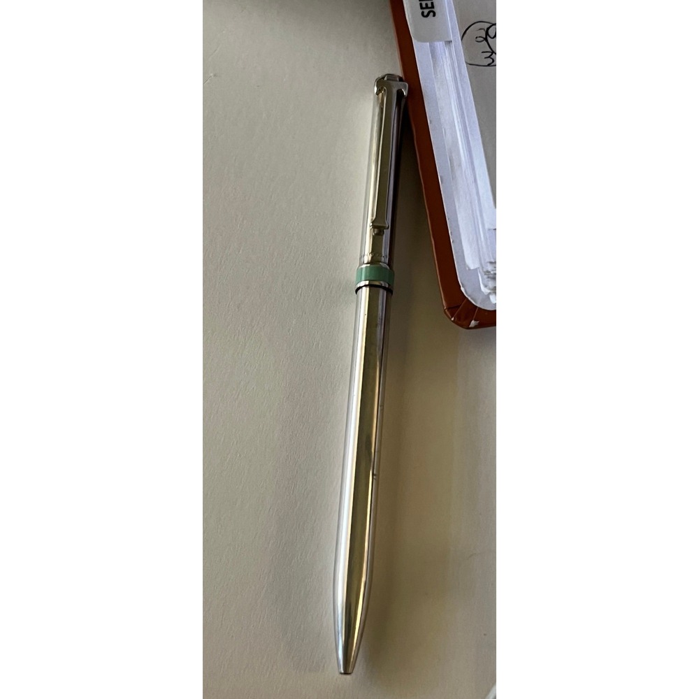 Vintage Tiffany & Co T Clip Sterling Silver Ballpoint Pen Aqua Enamel Band 5.25"